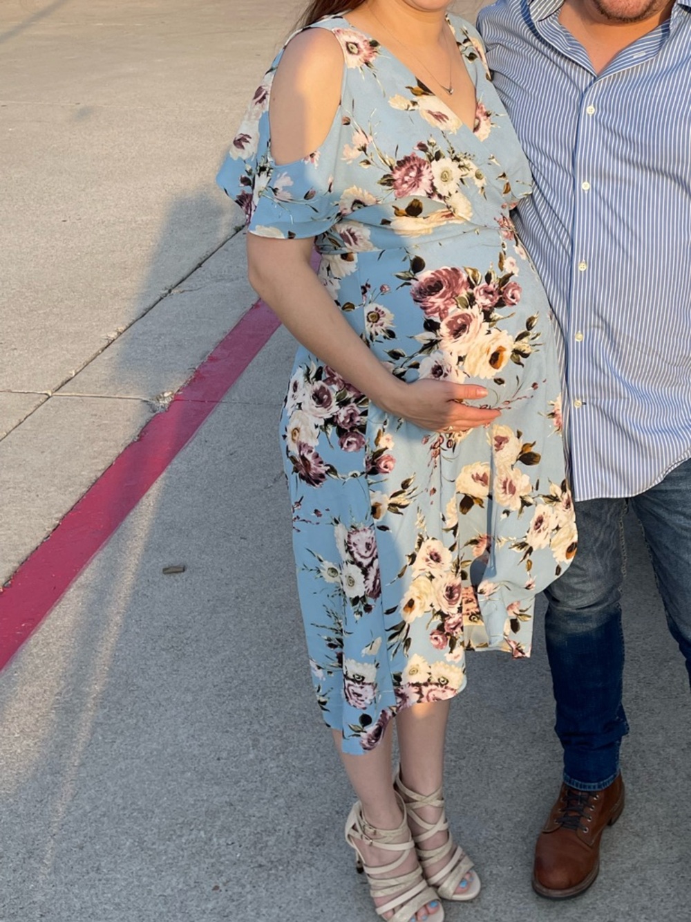 Light Blue Floral Wrap Midi Dress with Tie Waist